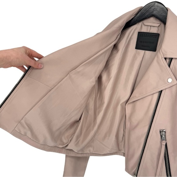 All Saints 8 Dalby Slim-Fit Leather‎ Biker Jacket Misty Pink Zipper Moto Boho - Picture 11 of 15